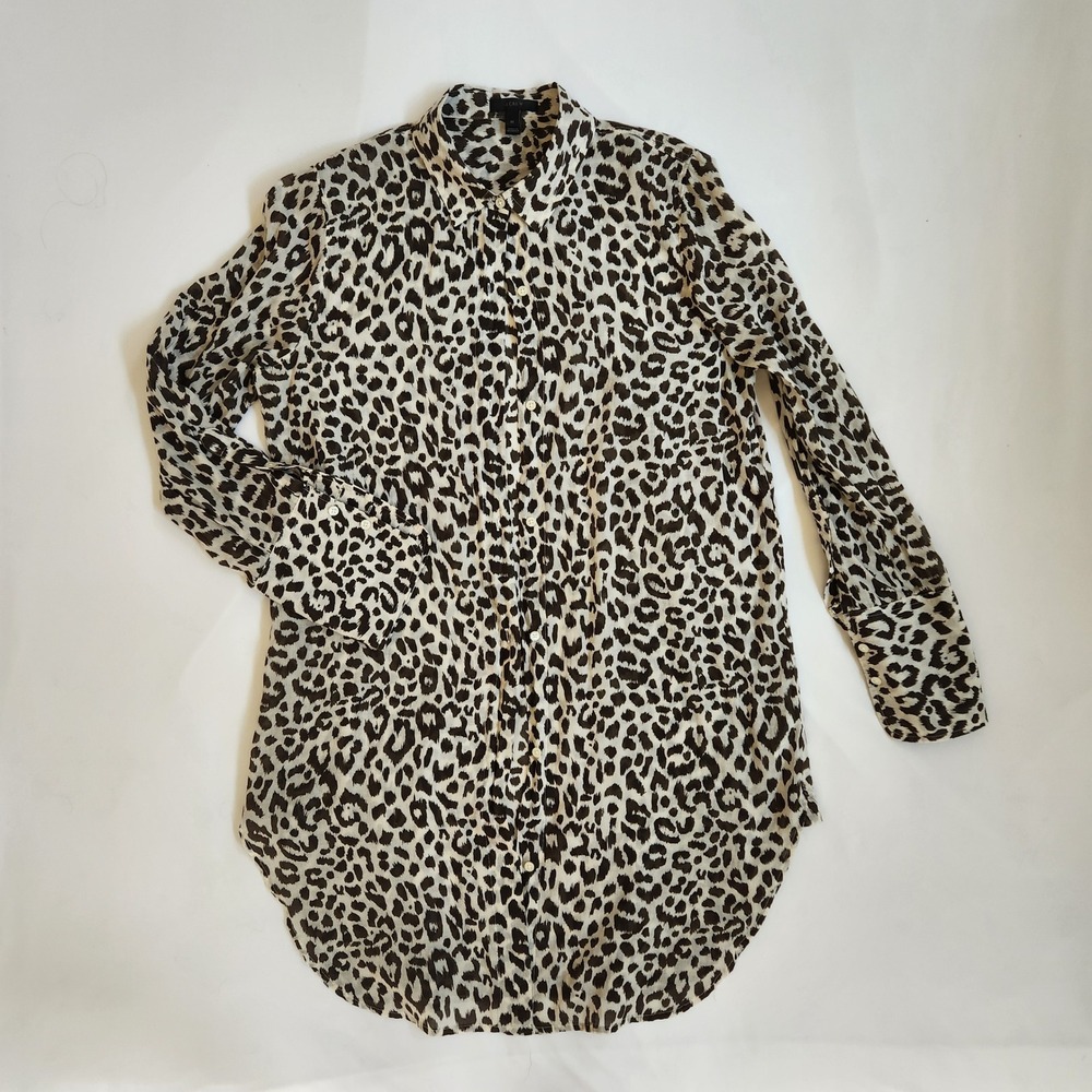 J.Crew Brown Leopard Print Cotton Button Down Shirt, Womens M, safari, nuetral